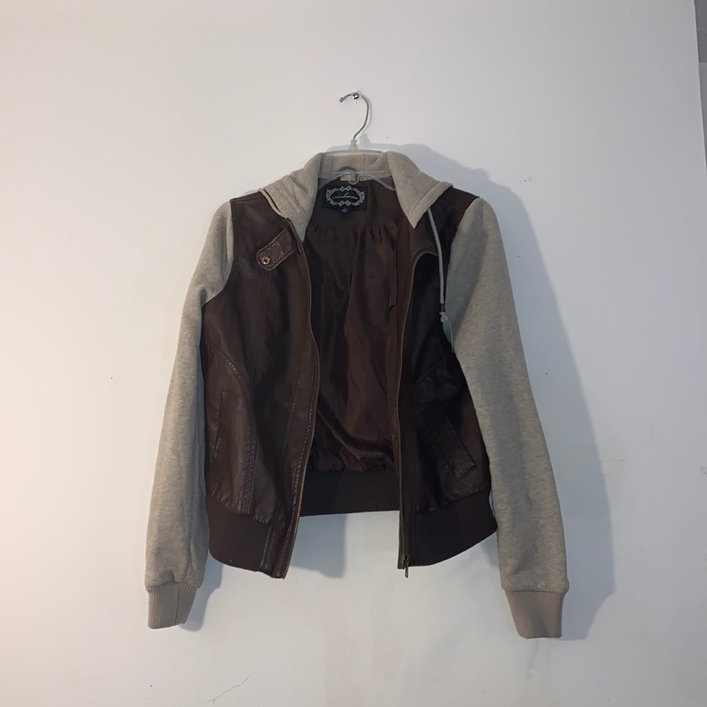 Brown leather jacket with hoodie